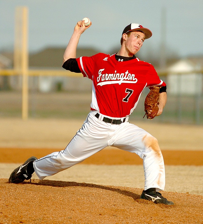 RANDY MOLL NWA MEDIA Farmington senior Adam Ness crossed up Gentry batters on April 1. Ness pitched all six innings in the Cardinals' 13-3 road win allowing one earned run on one hit and striking out six Gentry batters.