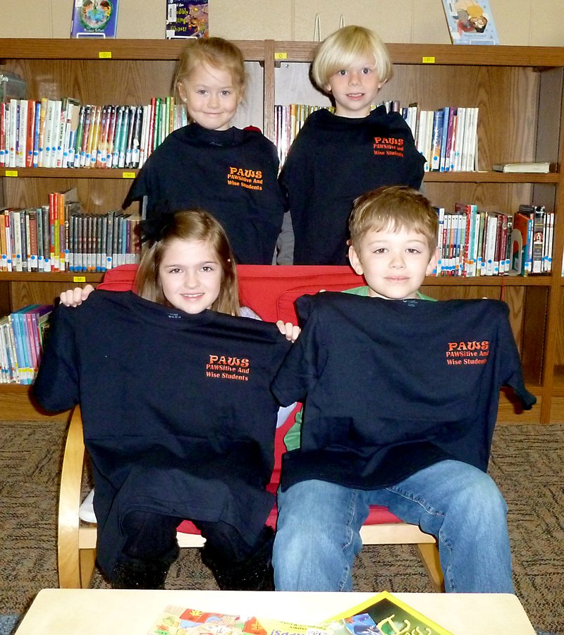 Submitted Photo Glenn Duffy Elementary School in Gravette announces the PAWS (Positive and Wise) students for the month of April are, back row from the left, Avery Clevenger of Gravette, and Joshua Schmitz of Gravette; front row, Ella Moorman of Gravette, and John Owen of Bella Vista. Carson Mikel of Bella Vista and Mia Gregson of Bella Vista, were not present for the photo. The PAWS program incorporates character education and positive behavior into the school community. "Effort" is the word for the month. Honorees are recognized at monthly Rise & Shine assemblies with tee shirts sponsored by the Elementary PTO and the district's architect firm Crafton & Tull.