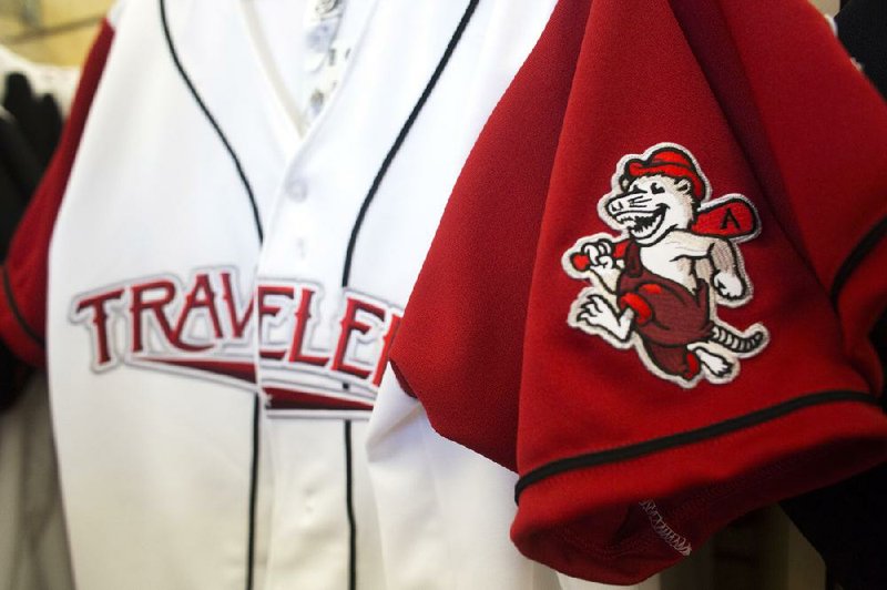 The Arkansas Travelers’ home jersey features Otey, one of the franchise’s two new mascots, on the left sleeve.