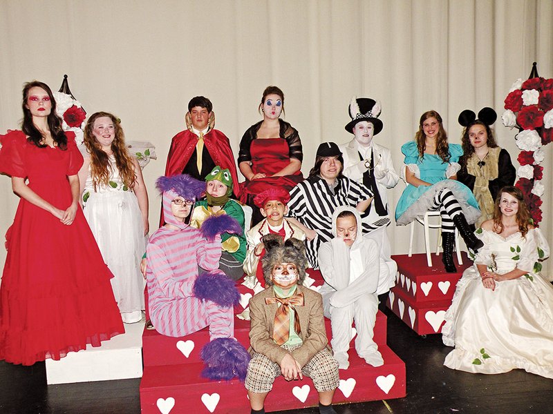 The Clinton High School Drama Department will present Alice’s Adventures in Wonderland at 7 p.m. Thursday and Friday and 3 p.m. Saturday at the Clinton High School Auditorium. Members of the cast include, front row, Chase Blanton as the March Hare; second row, from the left, Caitlin Hill as the Cheshire Cat, Gavin Smith as the Knave of Hearts and Juliana Parish as the Dormouse; third row, from the left, Tiffany Burns as the Mock Turtle, Dalton James as Tweedledum and Ashley Gallaher, who appears as the White Queen in two of the performances; and fourth row, from the left, Whitney Wilkins as the Red Queen, Jennifer Lovell, who appears as the White Queen in three of the performances including two for students only on Wednesday, Josh Pryor as the King of Hearts, Alexus Stutzman as the Queen of Hearts, Caleb Pryor as the White Rabbit, Kayla Meeler as Alice and Rebecca Willingham as the Mouse.