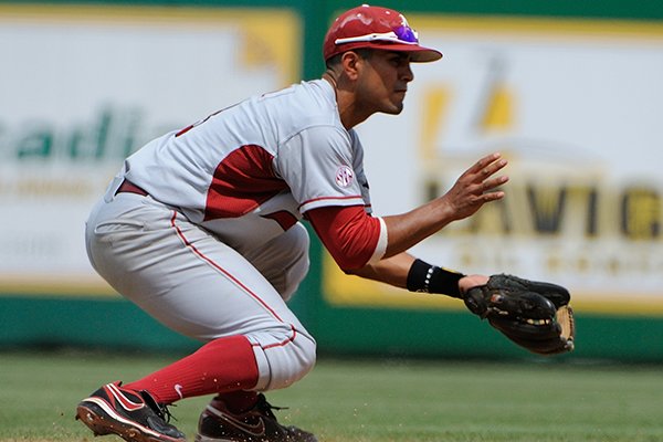 Michael Bernal fields a groundball during Arkansas' game against LSU on April 12, 2014 at Alex Box Stadium in Baton Rouge, La. LSU won 5-4. 