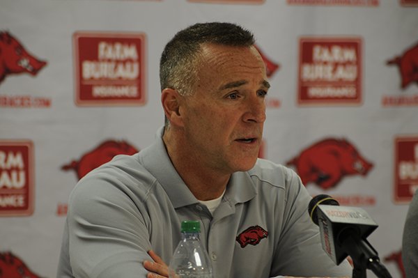 Arkansas women's basketball coach Jimmy Dykes speaks during a news conference Monday, April 14, 2014 at Bud Walton Arena in Fayetteville. 