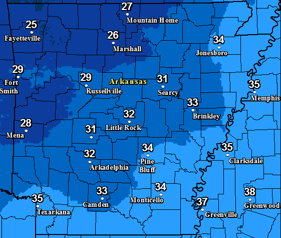 This graphic from the National Weather Service shows forecast low temperatures Monday night into Tuesday.