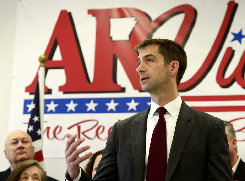 U.S. Rep. Tom Cotton, R-Ark., speaks during a news conference Tuesday at the Republican Party of Arkansas’ Northwest Arkansas headquarters in Springdale. Cotton, who talked about taxes, is challenging U.S. Sen. David Pryor, D-Ark., for his seat. 