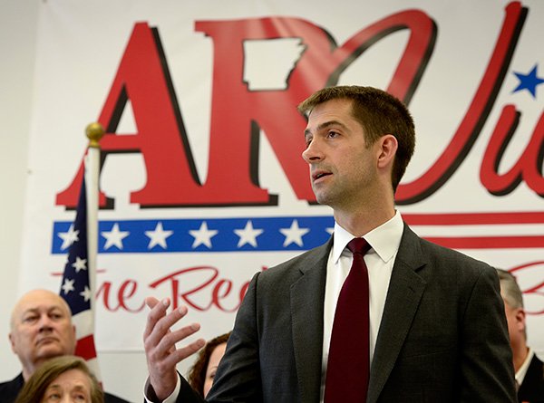 NWA Media/ANTHONY REYES 
U.S. Rep. Tom Cotton, R-Ark., speaks during a news conference Tuesday at the Republican Party of Arkansas’ Northwest Arkansas headquarters in Springdale. Cotton, who talked about taxes, is challenging U.S. Sen. David Pryor, D-Ark., for his seat.