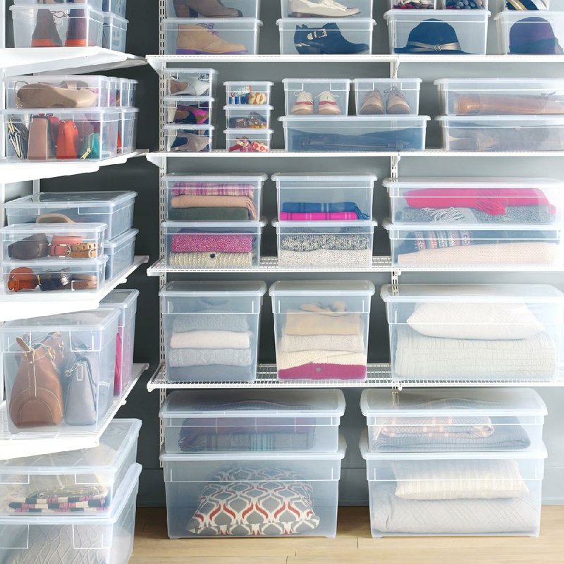 Clear storage bins can help cut down clutter and help you see what’s where. 