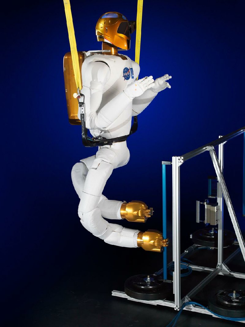 This Nov. 13, 2013 photo made available by NASA shows the Robonaut with legs at a lab in Houston. Each leg, 4 feet, 8 inches long when straight, has seven joints. Instead of feet, there are grippers. Each gripper, or foot, has a light, camera and sensor for building 3-D maps. (AP Photo/NASA, Bill Stafford, James Blair)