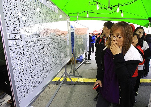 A relative of a passenger aboard the sunken ferry Sewol watches the official list of the dead victims at a port in Jindo, South Korea, Monday, April 21, 2014. Divers continued the grim work of recovering bodies from inside the sunken South Korean ferry  in the water off the southern coast Monday, as a newly released transcript showed the ship was crippled by confusion and indecision well after it began listing. The transcript suggests that the chaos may have added to a death toll that could eventually exceed 300. (AP Photo/Ahn Young-joon)