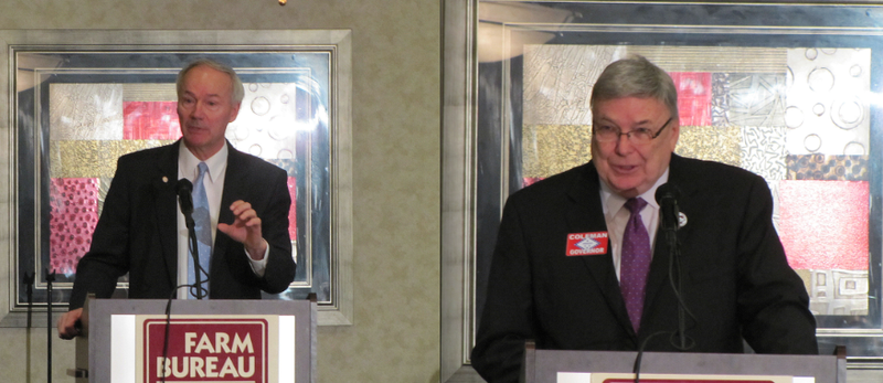 Republican gubernatorial candidates Asa Hutchinson, left, and Curtis Coleman speak Tuesday to Arkansas Farm Bureau members in these two photographs from a candidate forum.