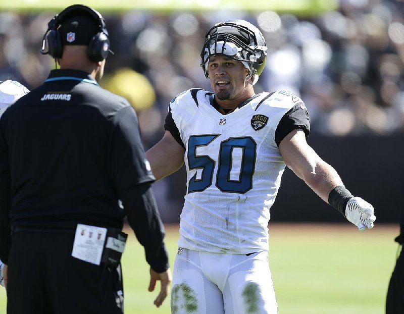 Jacksonville Jaguars linebacker Russell Allen (50) suffered a stroke in a game against the Buffalo Bills in December, and doctors have advised him to never play again. 