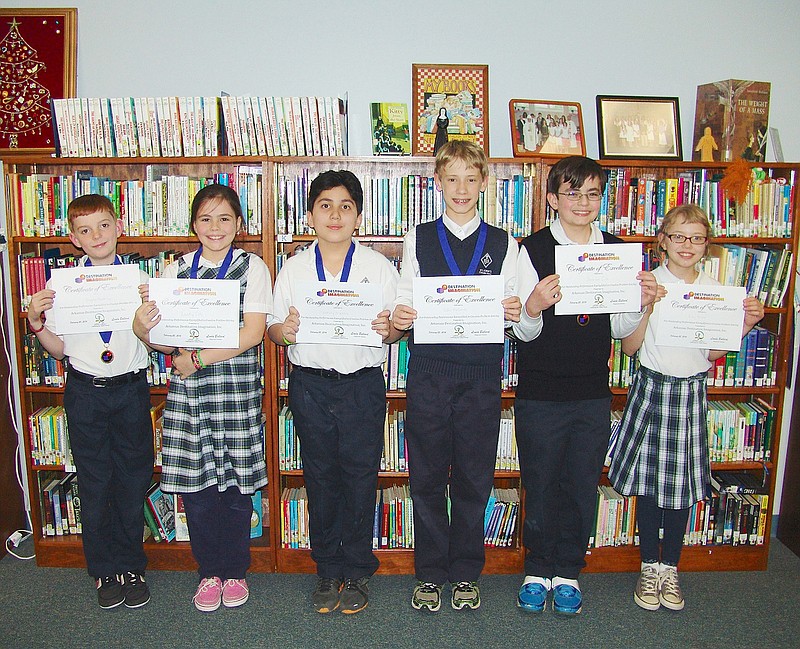 Submitted photo TECHNICAL TEAM: St. John's Catholic School students won first place in the Destination Imagination Technical category in the state Challenge competition in Little Rock on April 5. Team members, from left, are Graydyn Hardister, fourth grade; Landry Cate, fifth grade; Anthony Guevara, fifth grade; Collin Gallimore, seventh grade; Jackson Cate, seventh grade; and Kiley Brown, fifth Grade. Not pictured is Sierra Hardister, seventh grade.