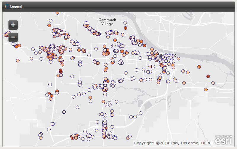 This screenshot of the interactive restaurant sales map shows restaurants who had higher sales in darker colors. 
