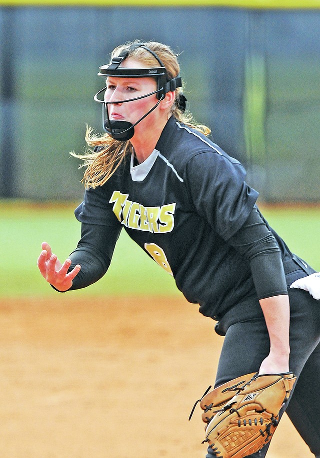 STAFF PHOTO BEN GOFF Morgan Vaughan of Bentonville pitches Thursday at the Tiger Athletic Complex in Bentonville.