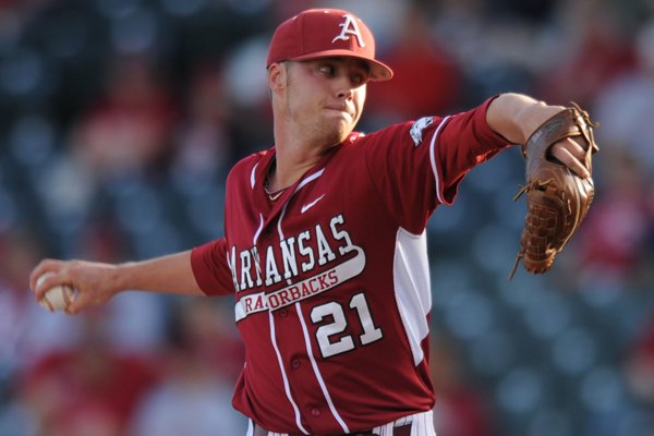 Arkansas starter Trey Killian delivers a pitch against Auburn during first the inning Friday, April 25, 2014, at Baum Stadium.