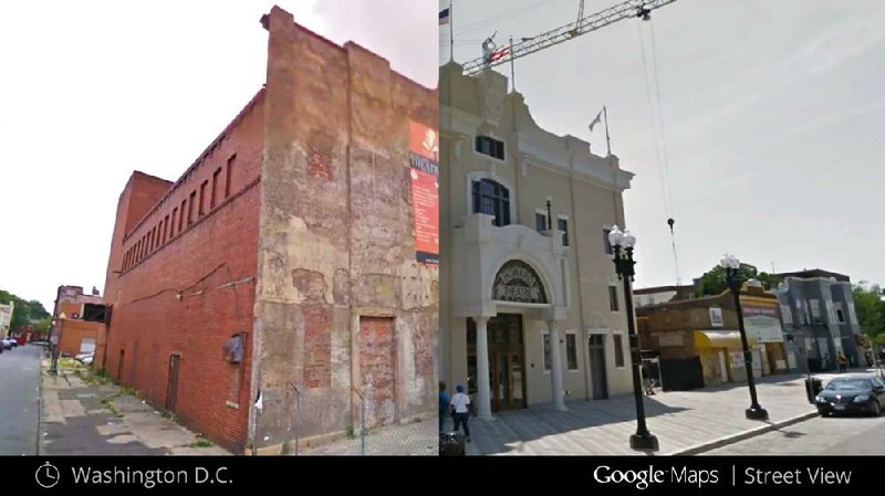 This illustration provided by Google highlights a new Google Maps Street View snapshots feature, which allow users to see what specific neighborhoods and landmarks looked like at different periods during the past seven years that Google Inc. has been dispatching camera-toting cars to take pictures for its maps. This image shows what the Howard Theater in Washington looked like in July 2009, left, and after renovation in May 2012, right. (AP Photo/Google)