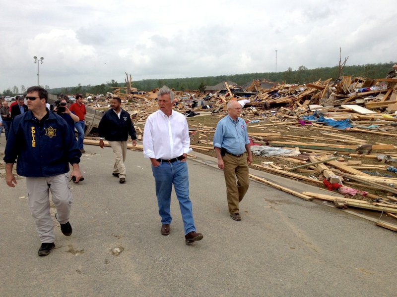 Gov. Mike Beebe tours Vilonia on Monday, April 28, 2014, the day after the town was ravaged by a tornado.