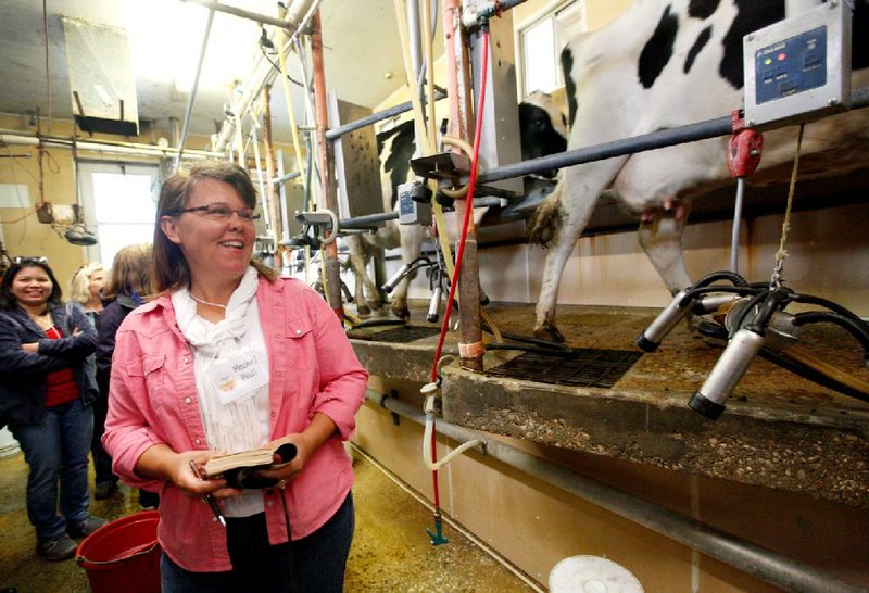 Mechel Wall of Pea Ridge watches a cow exit the milking parlor Tuesday at Anglin Dairy in Bentonville during the “Moms on the Farm Tour.”