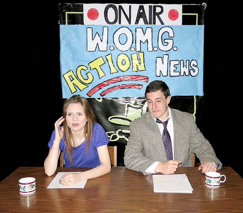 Photo by Randy Moll Remmy Dalrymple and Cody Watson practice for a play to be held at Gentry High School on Thursday, May 1. The drama students, under the direction of Daren Ward, will present &#8220;Crazy Town&#8221; and &#8220;It&#8217;s Cold in Them Thar Hills.&#8221; Show time for the plays is 7 p.m.