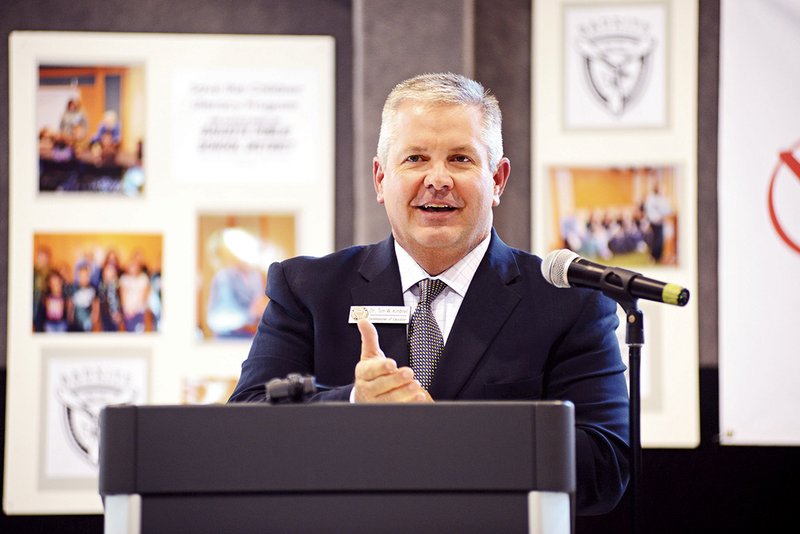 Arkansas Education Commissioner Tom Kimbrell speaks at a school announcement in Bauxite in 2013. He will step down from his post to become superintendent of the Bryant School District. Kimbrell will take over as leader of the school system on July 1.