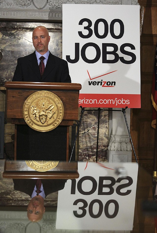 Arkansas Democrat-Gazette/STATON BREIDENTHAL --5/5/14-- Jonathon Blitz, Director of Business Sales for Verizon in Arkansas, announces Monday at the state Capitol that the company is looking for candidates to fill 300 full-time jobs in Arkansas.  