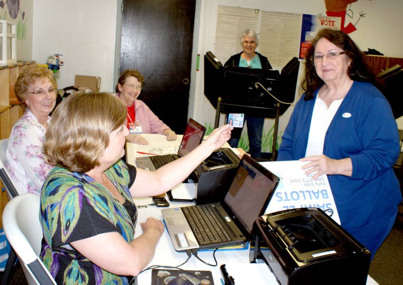 Photo by Dodie Evans Early voting was skimpy on Monday and poll workers urge voters to take advantage of the polling site in the Gravette Civic Center. They have the ballot information for all of the 73 precincts in the county, which will accommodate voters wherever they are registered. Patsy Vinson is showing her driver&#8217;s license since photo identification is required; Barbara Wright is at one of the voting machines preparing to vote, and other poll workers, from the left, are Pat Clayton, Cathleen Spears and precinct sheriff Ann Stee.