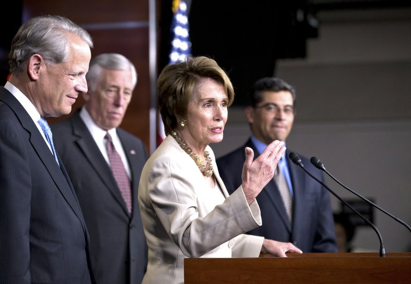This March 14, 2013, file photo shows House Minority Leader Nancy Pelosi of Calif., and House Democratic leaders speaks during a news conference on Capitol Hill in Washington. T