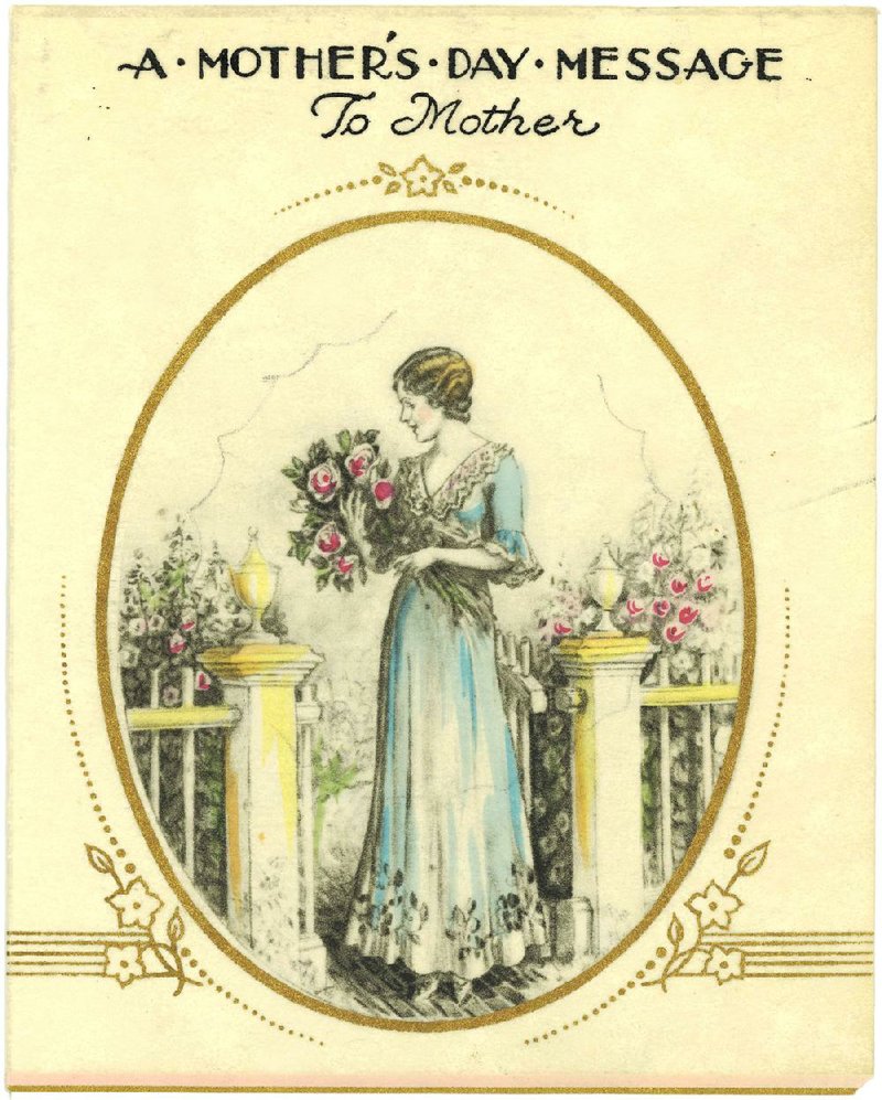 One of the earliest Mother’s Day cards shows a popular theme … a mother holding flowers. It dates from the 1920s. Mother’s Day is celebrating 100 years this year. 