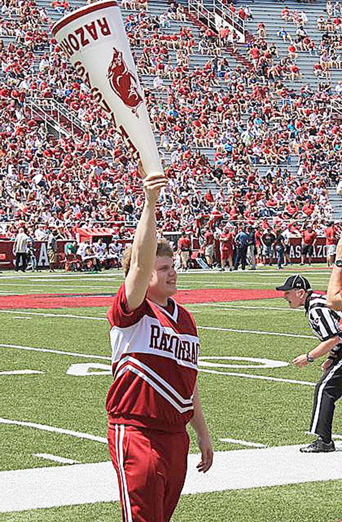 Photograph submitted Blackhawk Ty Conner cheered at the Red and White game at the University of Arkansas this weekend. Conner was named to the Razorback cheer squad.