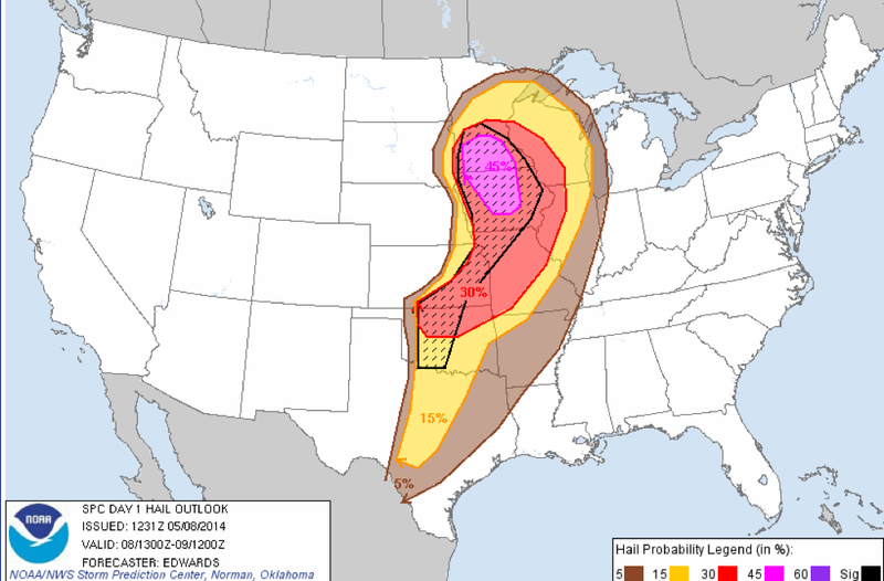 This radar graphic from the National Weather Service Storm Prediction Center shows the chances of hail Thursday, May 8, 2014. 