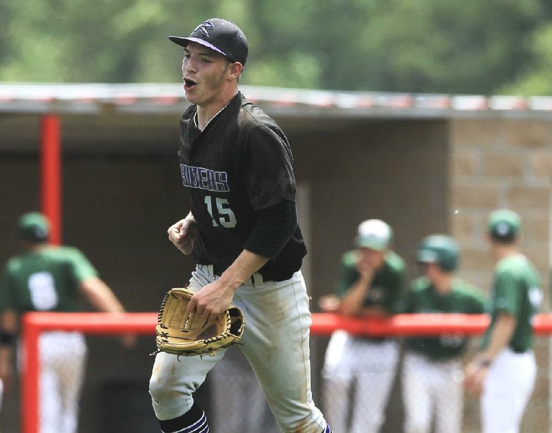 Riverview pitcher Evan Mullins celebrates after striking out a batter with the bases loaded in the fifth inning of Saturday’s Class 3A Region 2 game against Episcopal Collegiate. Mullins came within one strike of a shutout as the Raiders beat the Wildcats 6-3. 