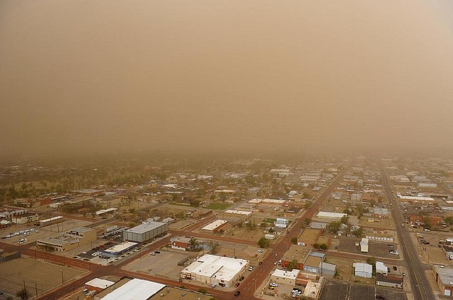 High winds create a dust storm across the Texas panhandle, shrouding Amarillo in a cloud of red dirt on April 29. Droughts in several states have made some areas drier than they were during the Dust Bowl period in the 1930s. 