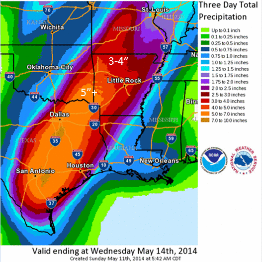 This graphic from the National Weather Service shows expected rainfall totals Monday through Wednesday.