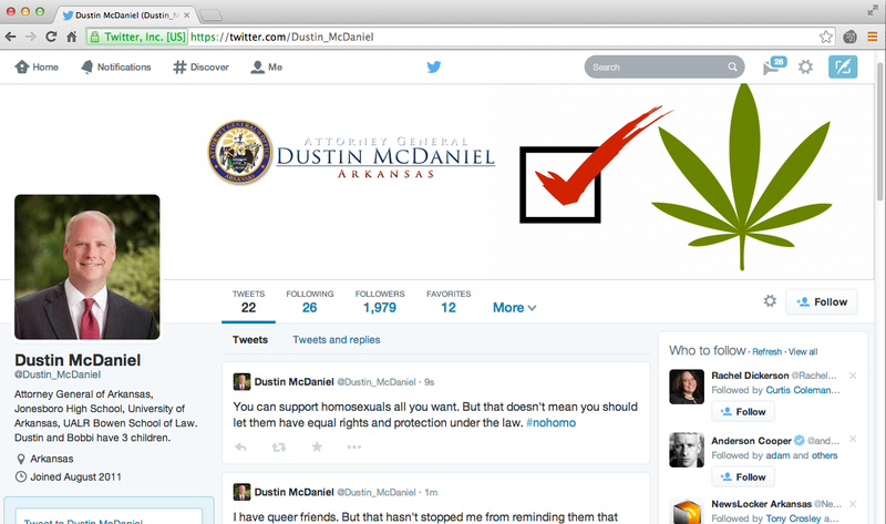 This screenshot shows a fake Twitter profile that somehow used the same username as Attorney General Dustin McDaniel's personal account.