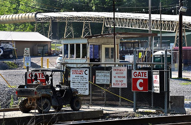 The entrance to Brody Mine No.1 in Wharton, W.Va., is closed on Tuesday. Two workers died after a cave-in at the mine Monday night. 