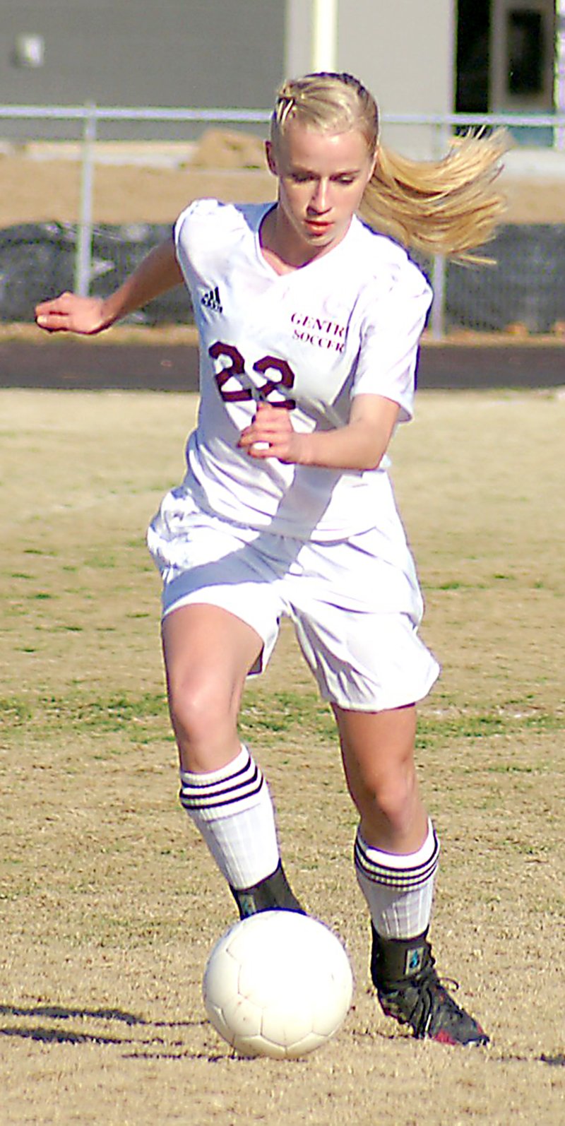File Photo by Randy Moll Amber Ellis, freshman forward for Gentry, broke the state record for goals scored in a season in play against Berryville last weekend. The old record is 63. She now has 65 with state playoffs yet to go.