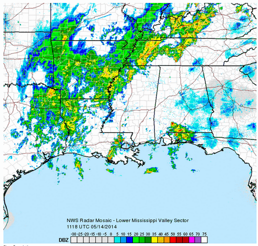 This radar image from the National Weather Service shows rainfall across the region shortly after 6:15 a.m.