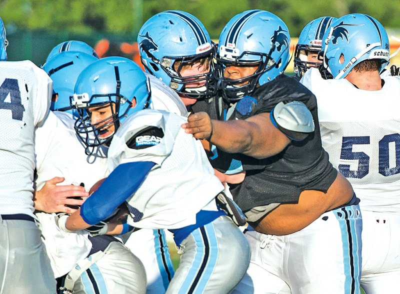 STAFF PHOTO Anthony Reyes Rickey Dobbins, center, grabs hold of a ball carrier during spring footbal practice Friday at Springdale Har-Ber. Dobbins is the lone returning starter on the defensive line for the Wildcats.