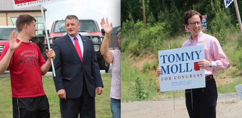 Left: State Rep. Bruce Westerman talks with his 18-year-old son, Eli, before voting Tuesday in Hot Springs.
Right: Tommy Moll campaigns Tuesday across the street from a polling site at Red Oak Landmark Missionary Baptist Church in Hot Springs.