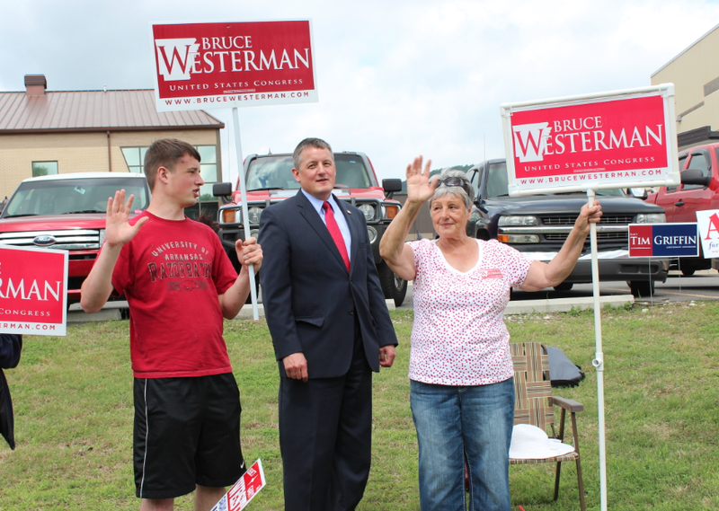 Rep. Bruce Westerman campaigns alongside his son and mother Tuesday in Hot Springs.