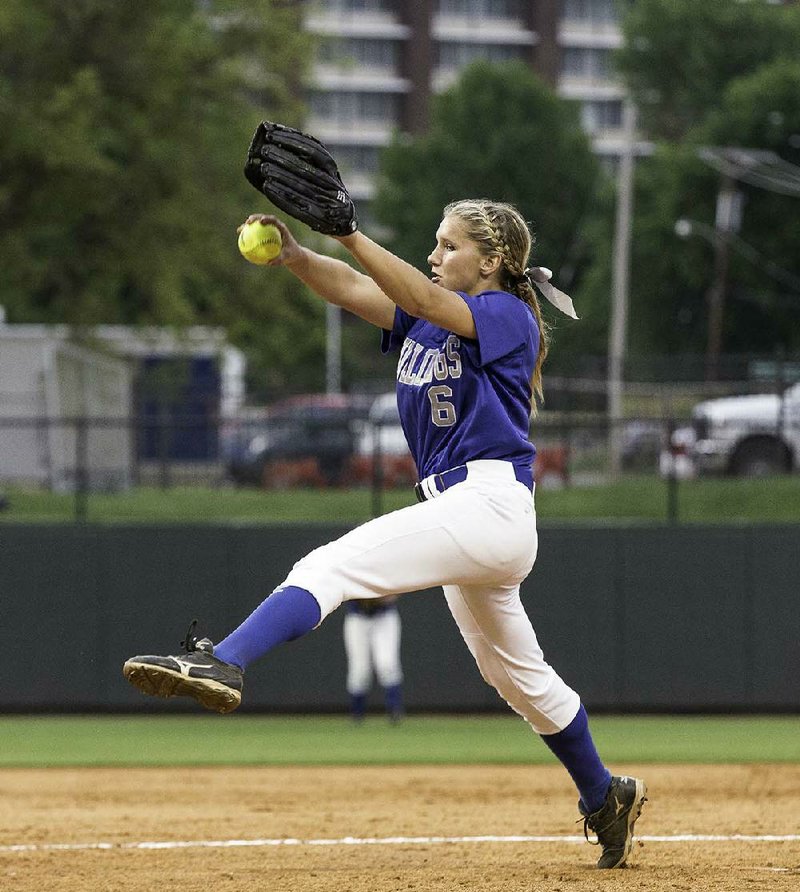 Photos by David J. Beach -Autumn Humes of Bald Knob pitches against Harding Academy during the 3A softball championship at Bogle Park at the University of Arkansas, Fayetteville, AR on May 23, 2014