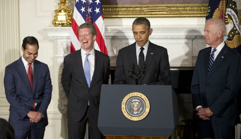 President Barack Obama introduces San Antonio Mayor Julian Castro (far left) as his choice to take Shaun Donovan’s (left) position as secretary of housing and urban development during an announcement Friday at the White House where he was joined by Vice President Joe Biden. 