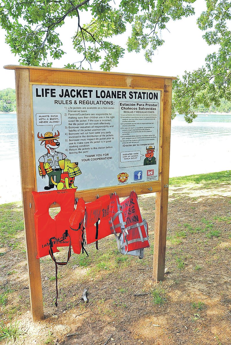 STAFF PHOTO FLIP PUTTTHOFF Life jacket loaner stations have been placed in the swim-beach areas at Prairie Creek, Horseshoe Bend day use and Dam Site Lake parks. The Army Corps of Engineers provides the stations. Life jackets may be borrowed, then returned.