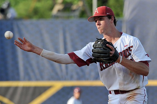 Arkansas second baseman Brian Anderson throws the ball during the seventh inning of a SEC Tournament game against LSU on Thursday, May 22, 2014 at Hoover Metropolitan Stadium in Hoover, Ala. 