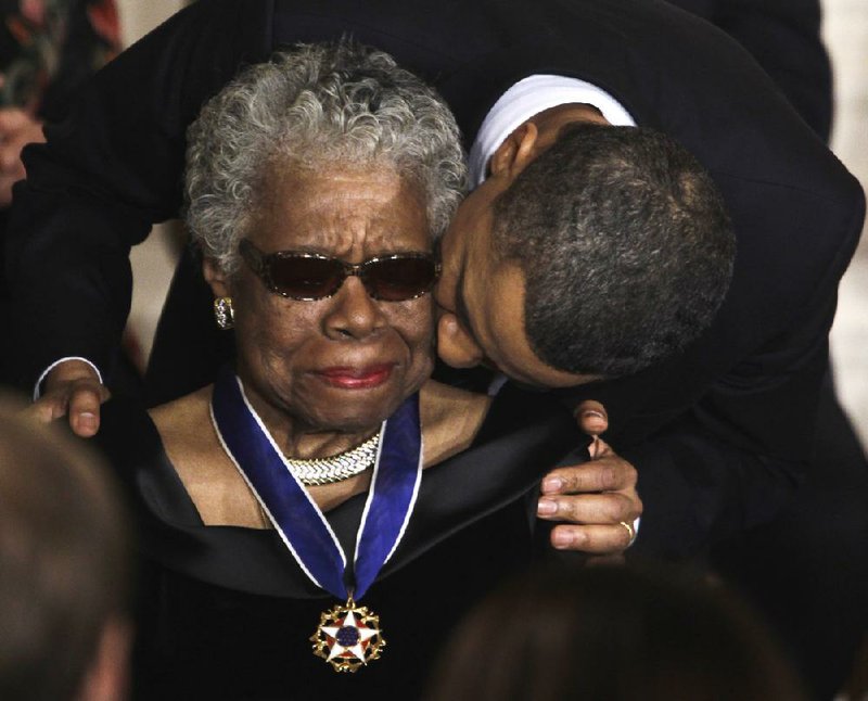 President Barack Obama (clockwise from top) gives Maya Angelou a kiss Feb. 15, 2011, after awarding her the 2010 Medal of Freedom at the White House.