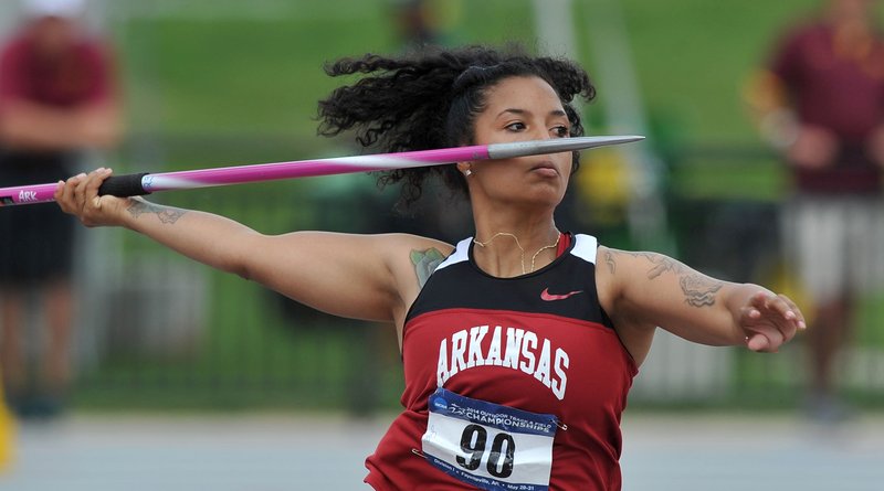 Arkansas' Amethyst Boyd throws the javelin during the NCAA West Preliminaries on Thursday, May 29, 2014 at John McDonnell Field in Fayetteville. 
