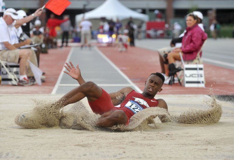 Arkansas jumper Jarrion Lawson competes during the NCAA West Preliminaries on Thursday, May 29, 2014 at John McDonnell Field in Fayetteville. 