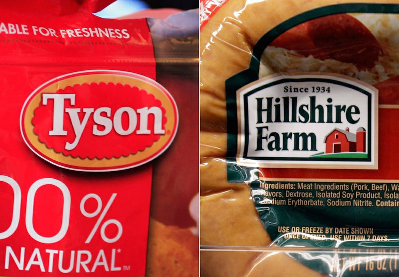 These file photos show a package of frozen Tyson chicken nuggets, left, and a package of Hillshire Farm sausage, in Palo Alto, Calif. Two days after poultry producer Pilgrim’s Pride made a $5.58 billion dollar bid for the maker of Ball Park hot dogs and Jimmy Dean sausages, Tyson Foods Co. on Thursday, May 29, 2014, sweetened the pot with a $6.2 billion offer. The deal sent Hillshire shares up 14 percent in premarket trading. 