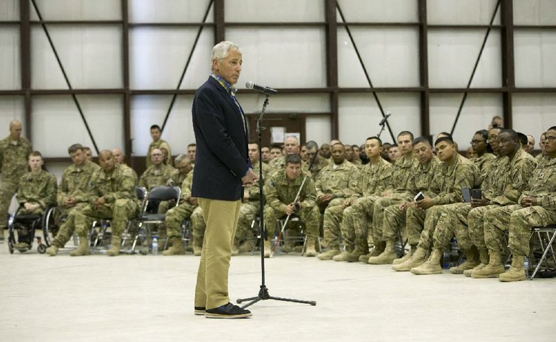 U.S. Defense Secretary Chuck Hagel speaks to members of the military during his visit to Bagram Air Field in Bagram, Afghanistan, on Sunday. 