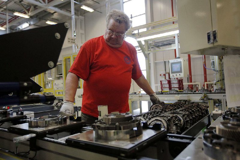 Dave Roop, of Cicero, Ind., works on the line at a Chrysler transmission manufacturing facility in Tipton, Ind., last month. Factory production grew at a strong pace in May, the Institute for Supply Management reported Monday.