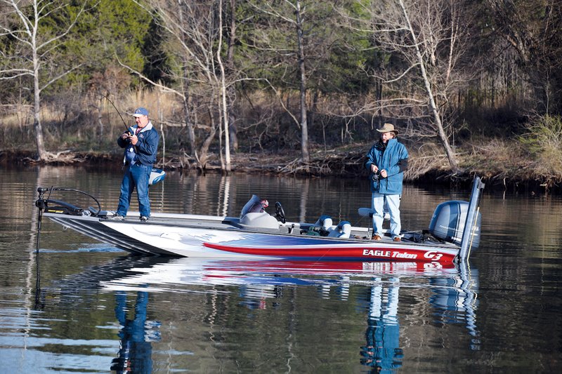 Steve Matt, left, and Keith Sutton found great white-bass action on the scenic White River in April.